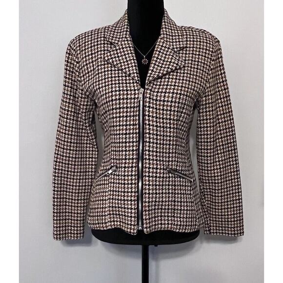 Vtg Y2K Tweed Houndstooth Blazer Jacket Wool Womens Small Zip Pocket Preppy - Picture 2 of 15